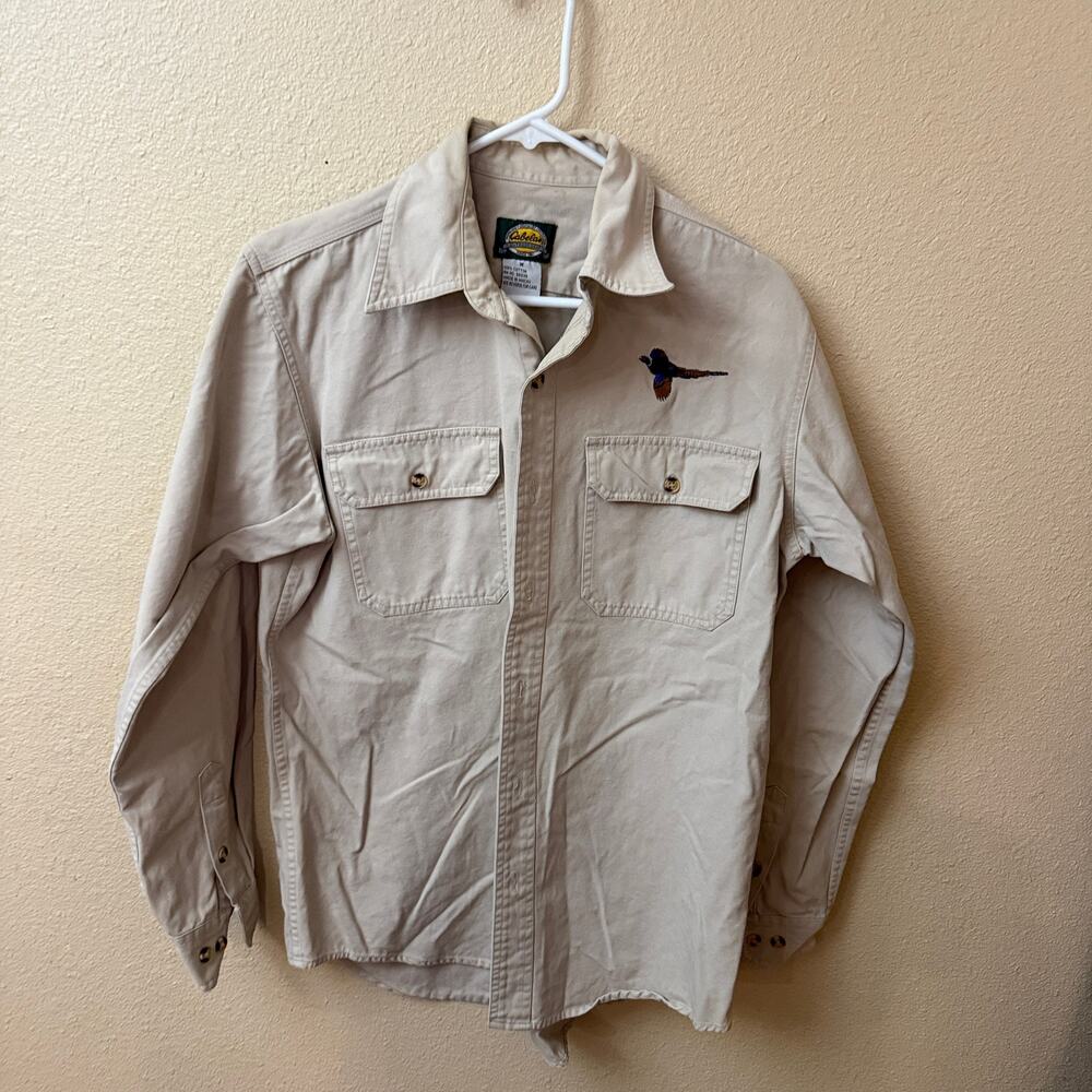 Vtg 90s Cabela's Button Down Cotton Canvas Shirt Jacket M Pheasant Hunt Bird